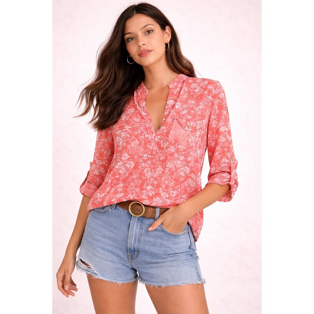 Zara Coral Floral Blouse Size X-Large V Neck Roll Tab‎ Sleeve Lightweight Top